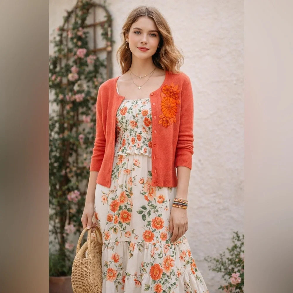 Tabitha Anthropologie lightweight cashmere wool cardi silk floral appliqué sz M - Picture 1 of 8